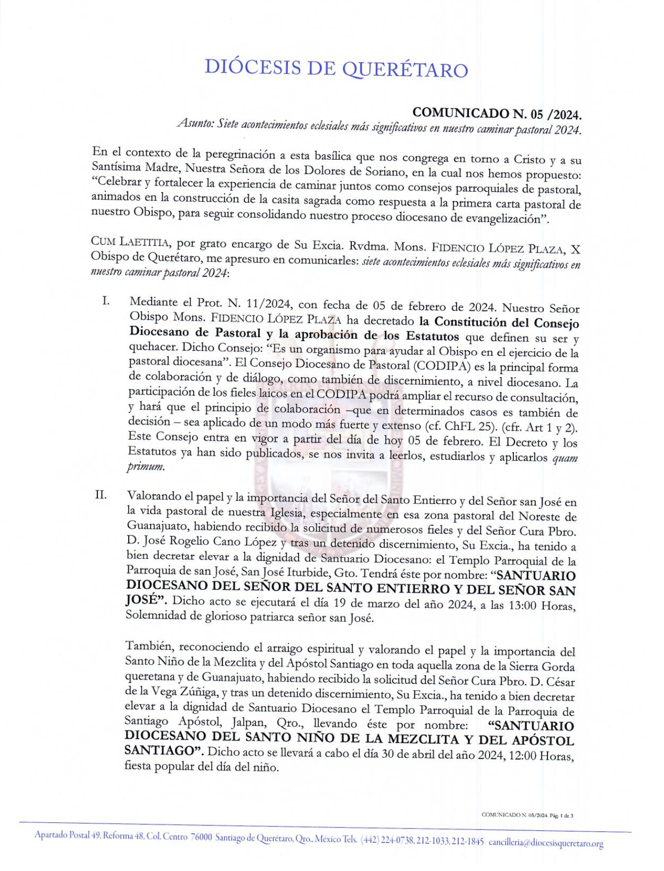 Cominicado N. 05/2024 Asunto: Siete acontecimientos eclesiales más significativos en nuestro caminar pastoral 2024